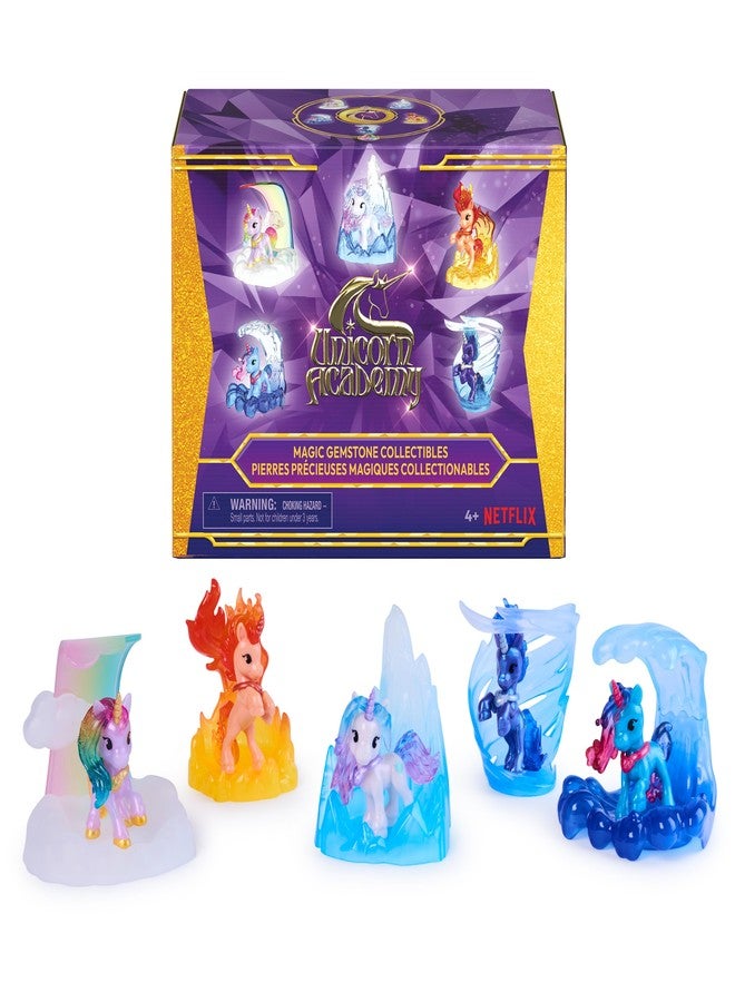 Unicorn Academy أكاديمية يونيكورن، مجموعة الأحجار الكريمة السحرية القابلة للتجميع مع 5 مجسمات ألعاب يونيكورن وقواعد عرض، دمى وألعاب يونيكورن للبنات من عمر 4 سنوات فما فوق - Image 1